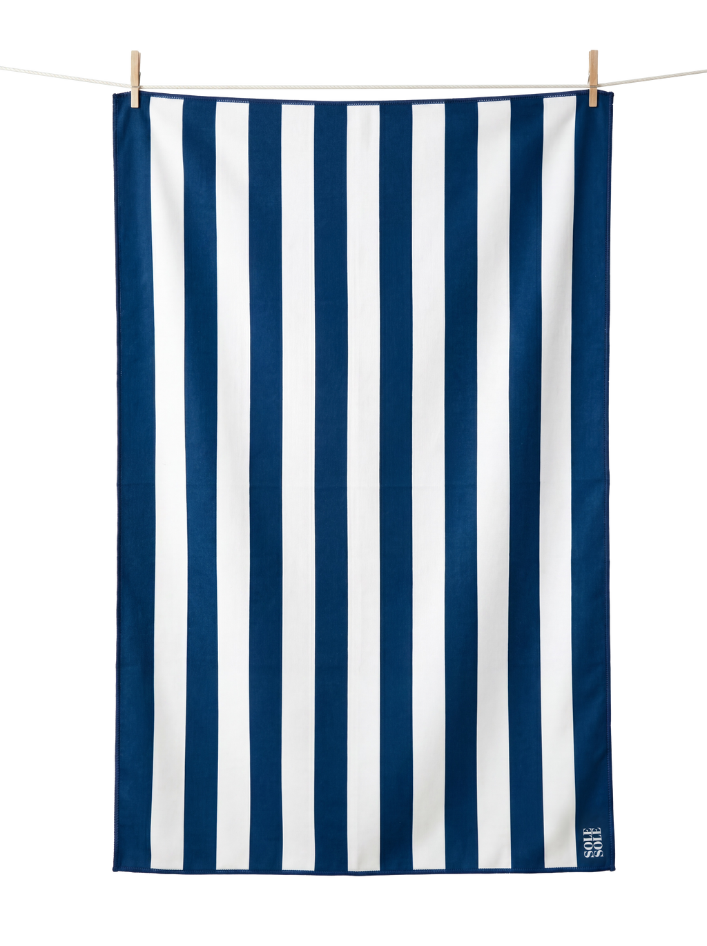 Amalfi lightweight microfibre travel towel flat lay, blue and white stripes, quick-dry and compact