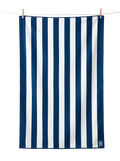 Amalfi lightweight microfibre travel towel flat lay, blue and white stripes, quick-dry and compact