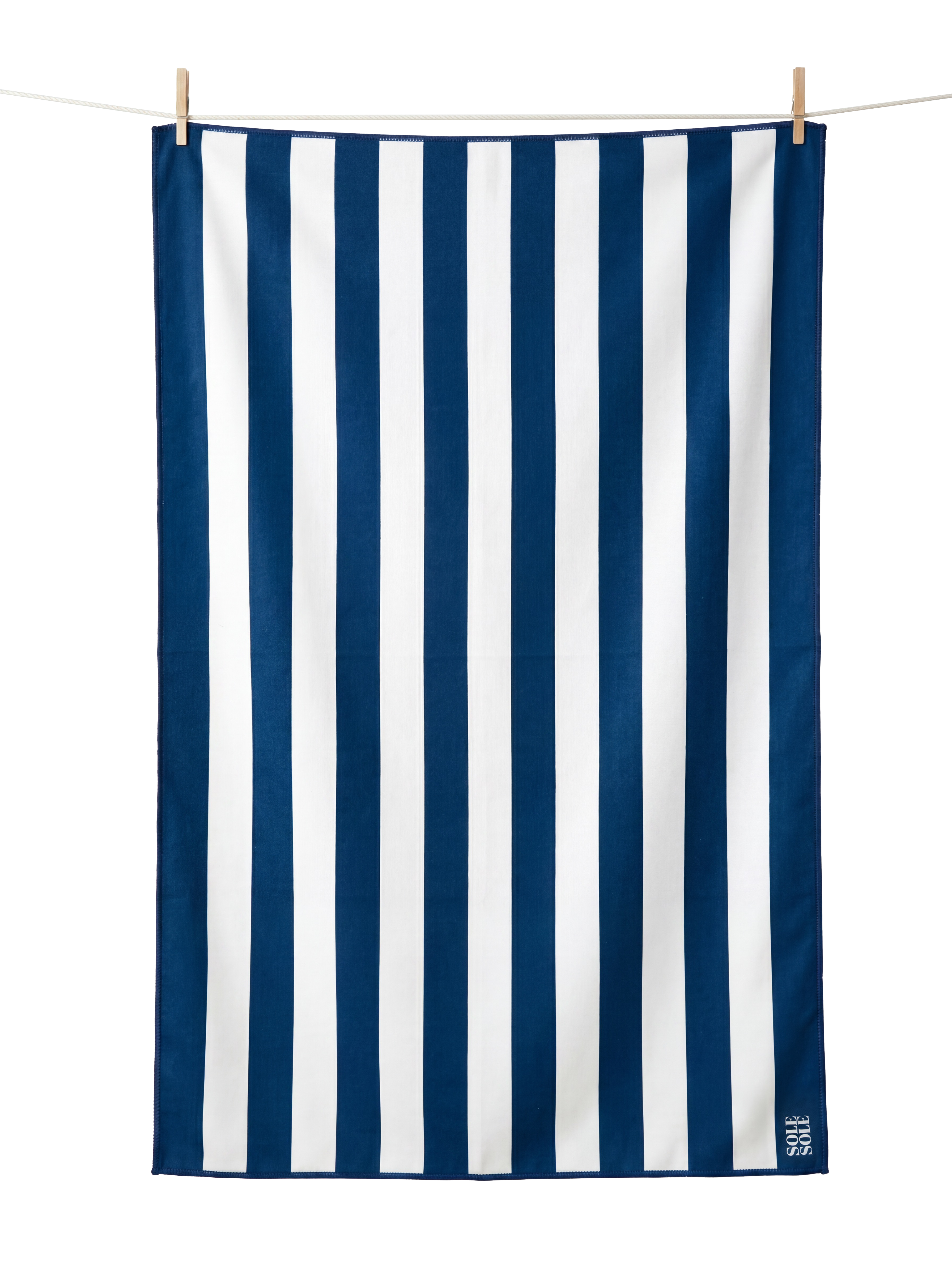 Amalfi lightweight microfibre travel towel flat lay, blue and white stripes, quick-dry and compact