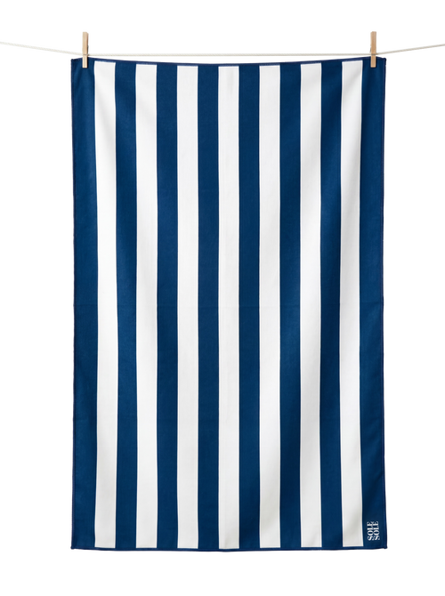 Amalfi lightweight microfibre travel towel flat lay, blue and white stripes, quick-dry and compact