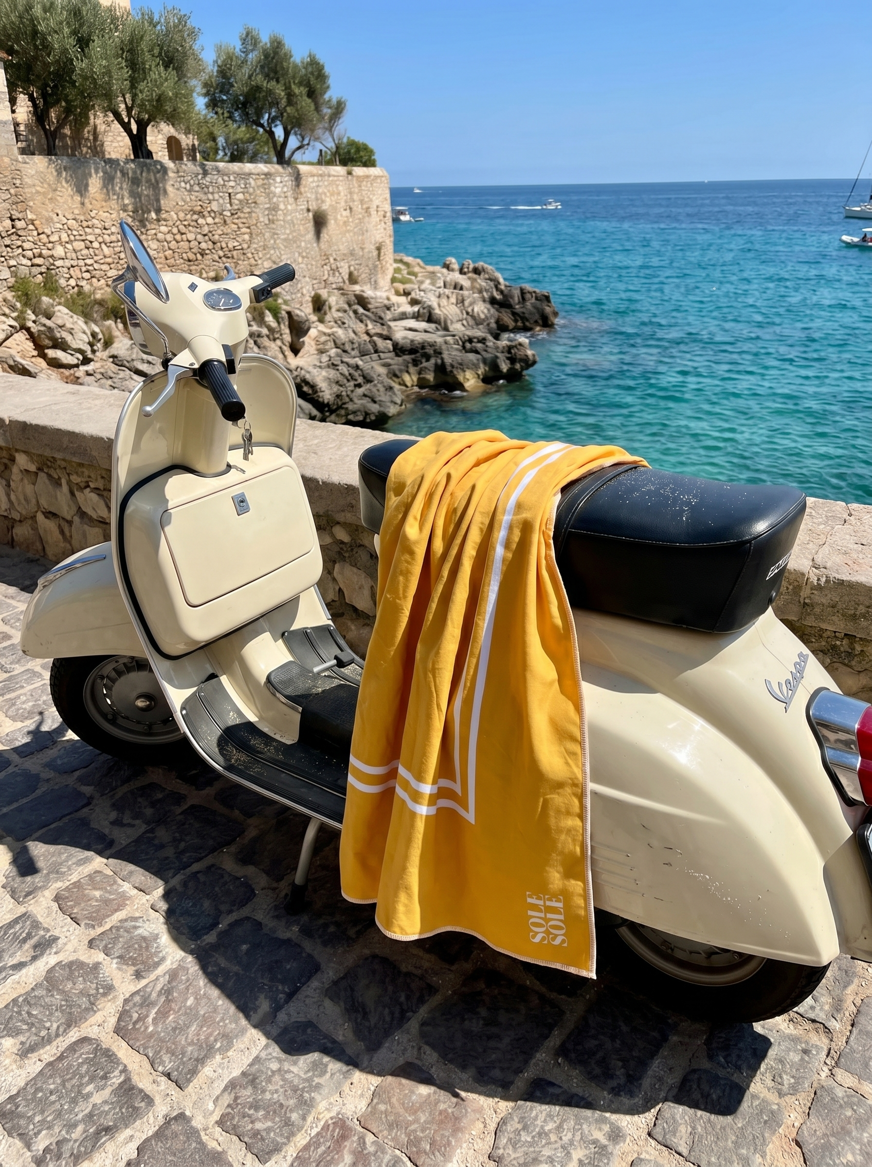 Capri microfiber towel draped over the seat of a Vespa