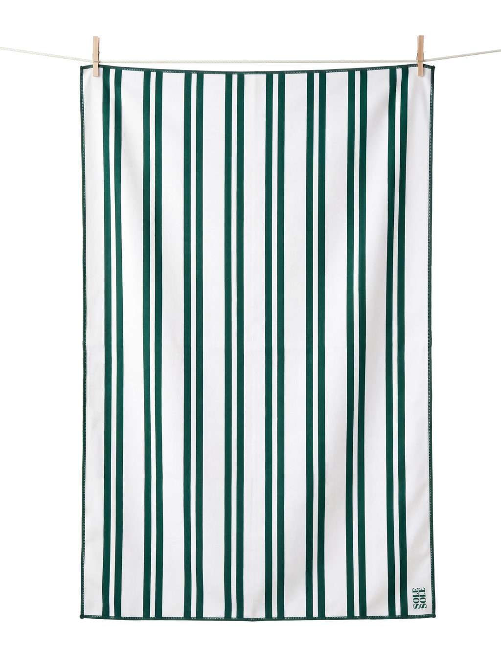 Positano lightweight microfibre travel towel flat lay, white and dark green stripes, quick-dry and compact