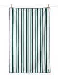 Positano lightweight microfibre travel towel flat lay, white and dark green stripes, quick-dry and compact