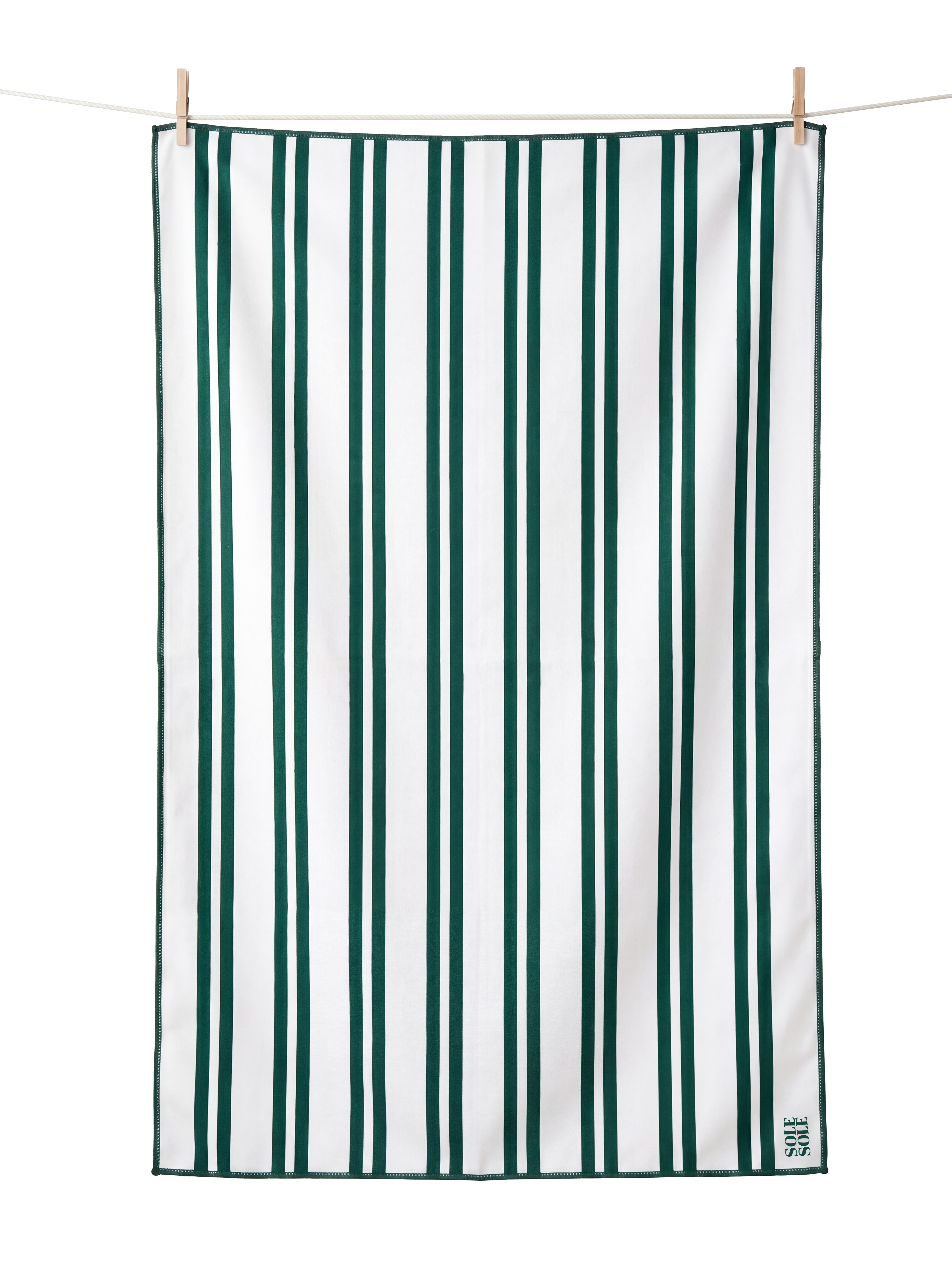 Positano lightweight microfibre travel towel flat lay, white and dark green stripes, quick-dry and compact